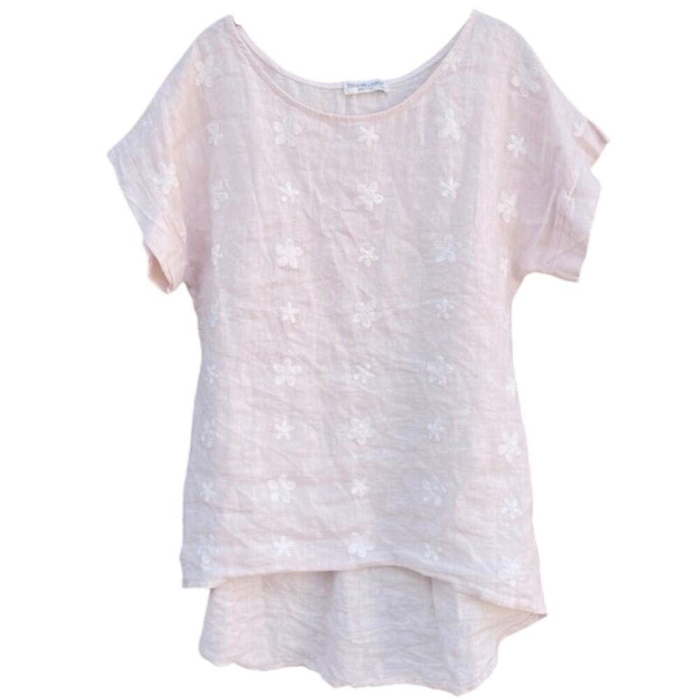Terzo Millennio Italian-Made Linen Blouse Floral Embroidery Blush Pink Sz Small